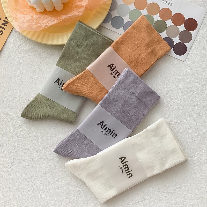 Women's Socks Mid-Crew Morandi Colors Japanese Korean Style Solid Color Cotton Maternity Socks Zhuji Selected Women's High-Crew Stacked Socks