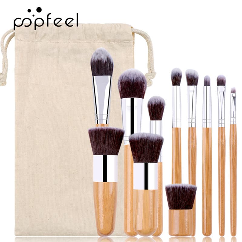 11-Piece Bamboo Makeup Brush Set with Bag, Classic Export Makeup Tool Style