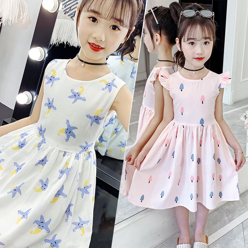 Girls Cotton Dress 2026 New Summer Style, Mid-Large Child Fashionable Floral Cotton Long Dress, Full Cotton Dress