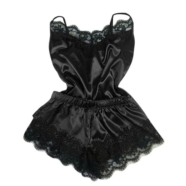 Cherry Temptation Amazon Ice Silk Pajamas Women Summer Sexy Lace Two-Piece Camisole and Shorts Set