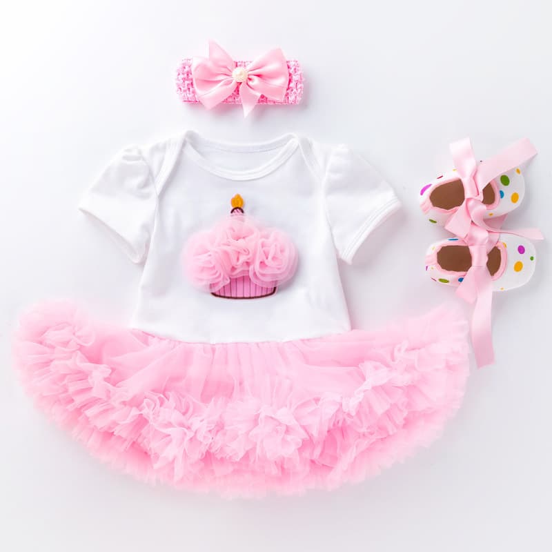 Cross-border Baby Girl Birthday Outfit 3-Piece Set, 1st Birthday Short-Sleeve Dress with Walking Shoes, Toddler Kids Dress