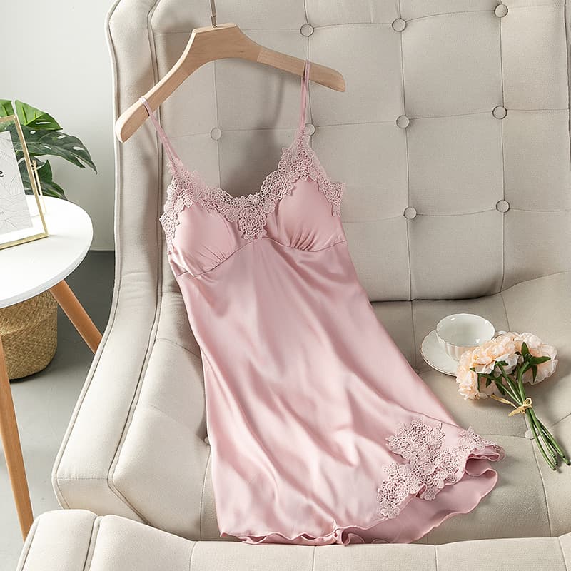 Women's Summer Sexy Camisole Nightgown Ice Silk Sleepwear Pullover Innerwear Backless with Padded Cups Lace Homewear