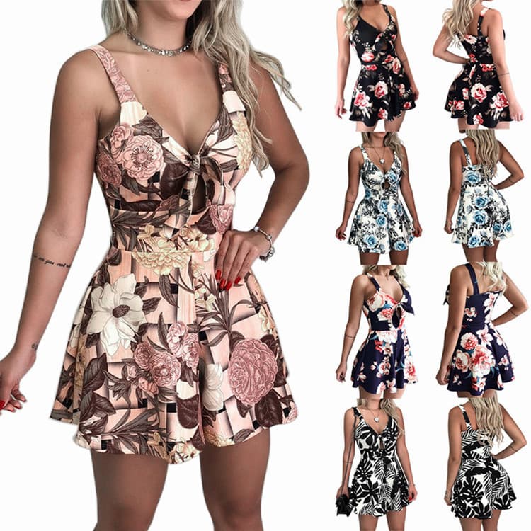 European and American Cross-Border 2026 New Style Sexy Spaghetti Strap Jumpsuit with Bow Tie at the Chest and Printed Loose-Fitting Shorts