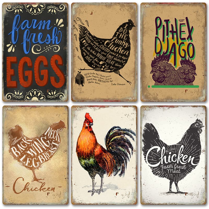 2024 New Export Style Chickens Retro Tin Painting, Farm Background Wall Frameless Decorative Mural