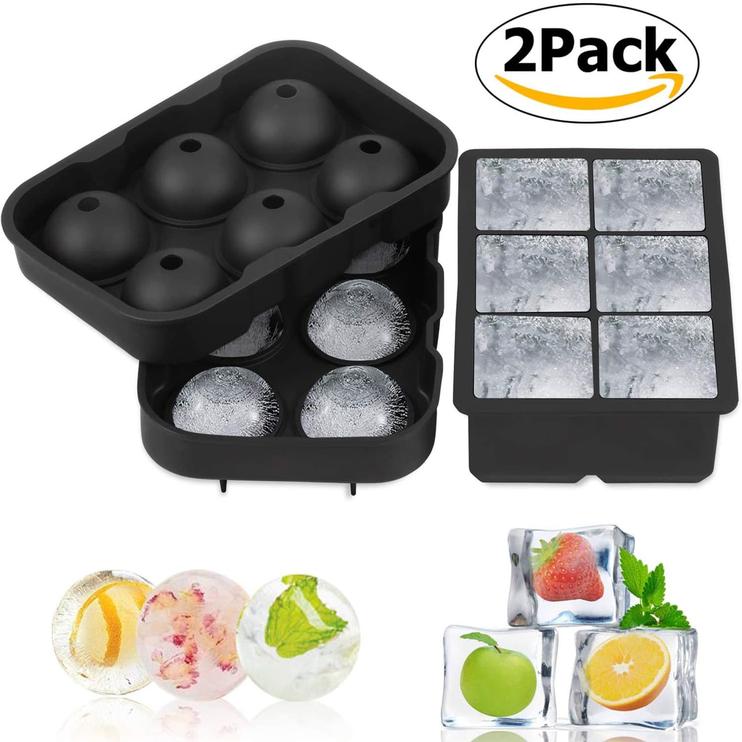 Amazon Hot Sale 6-link Ice Cube Tray Set Square Block Ice Cube Maker 6-hole Round Ball Mold Silicone Tray