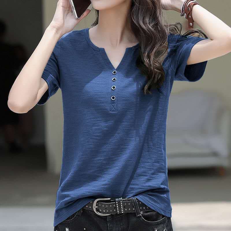 Women's Short-Sleeve V-Neck T-Shirt, Loose and Slim Fit, 2025 Summer Korean Style, Plus Size, Solid Color, Simple New Women's Clothing, New Export