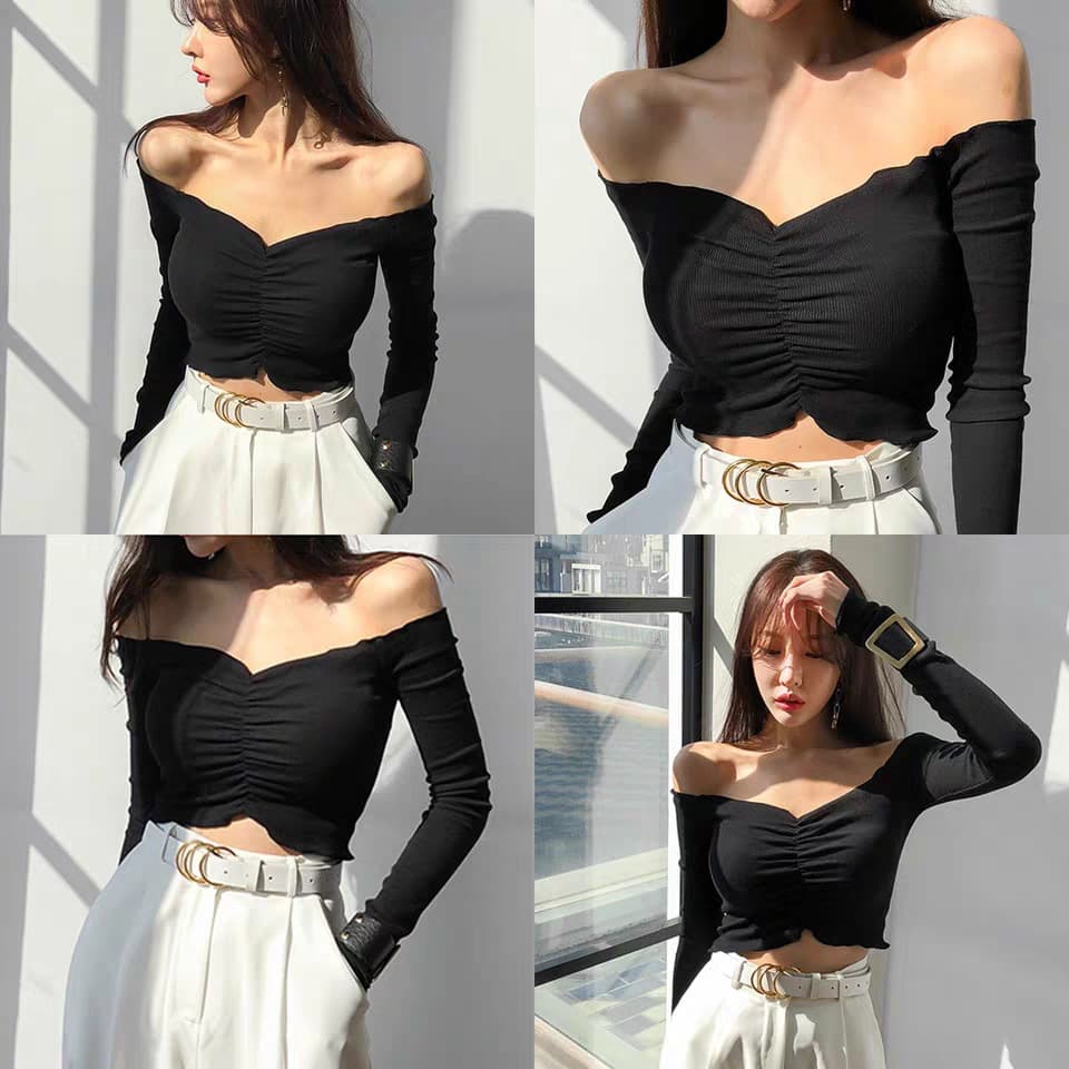 2025 Long-sleeved Korean-style Ear-rimmed Tight Navel Top Women's Ins Shoulder Clavicle Short Base Shirt T-shirt
