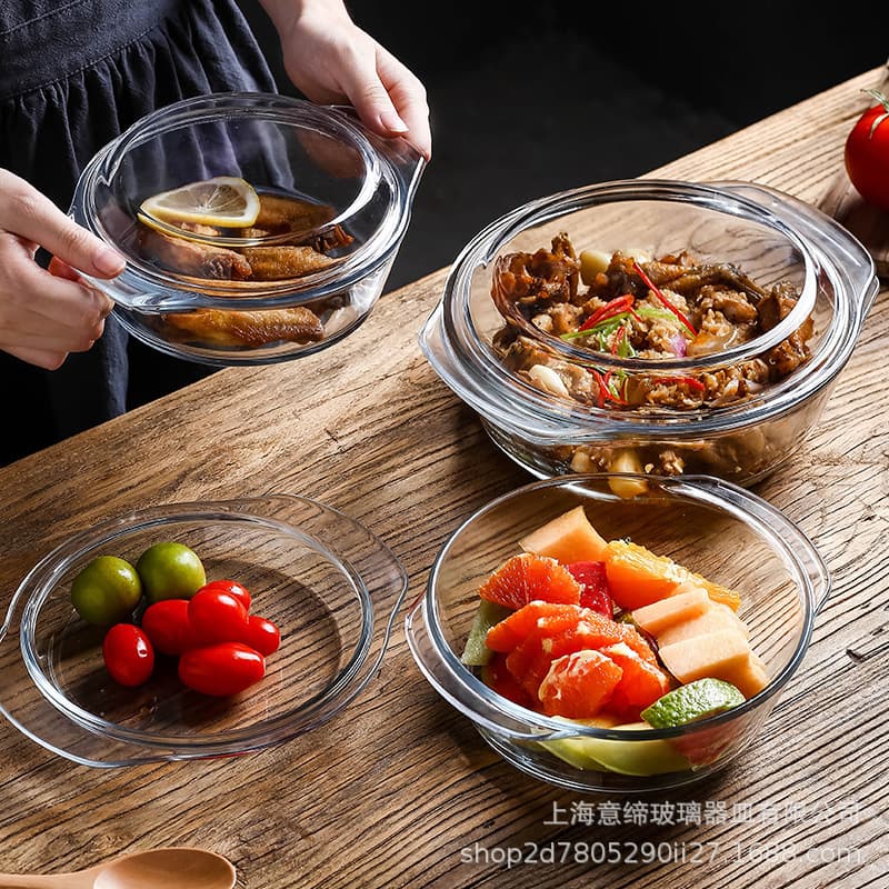 High borosilicate European-style transparent glass crystal pot with lid, double handles, microwave-safe, oven-safe, thickened clay pot.