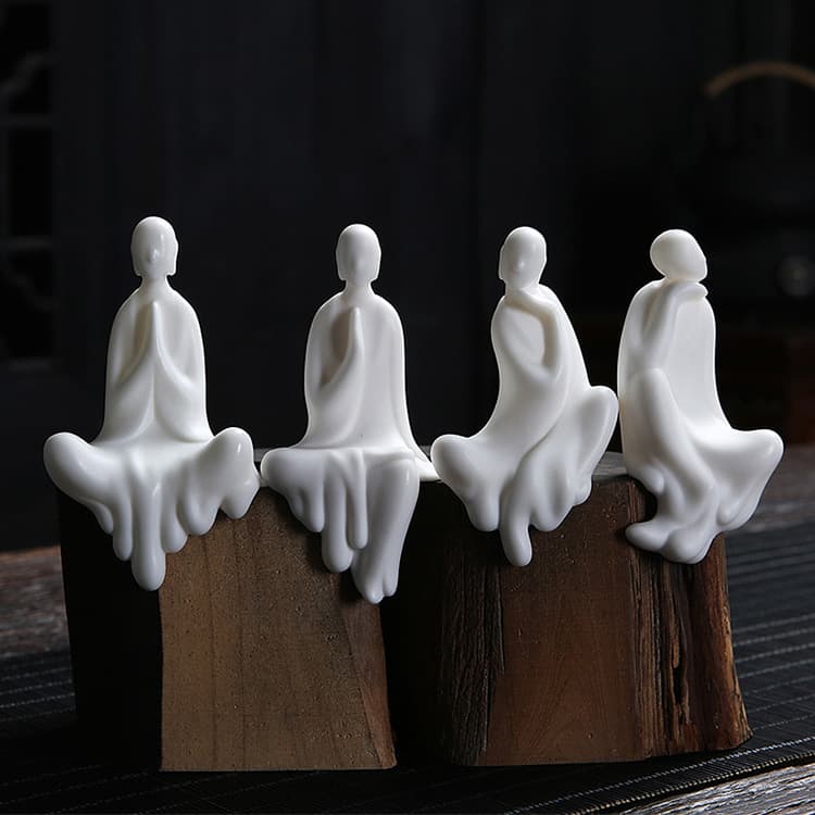 White porcelain phaseless small Buddha statue, household ceramic figure, little monk ornaments, creative Chinese Zen backflow incense burner ornaments