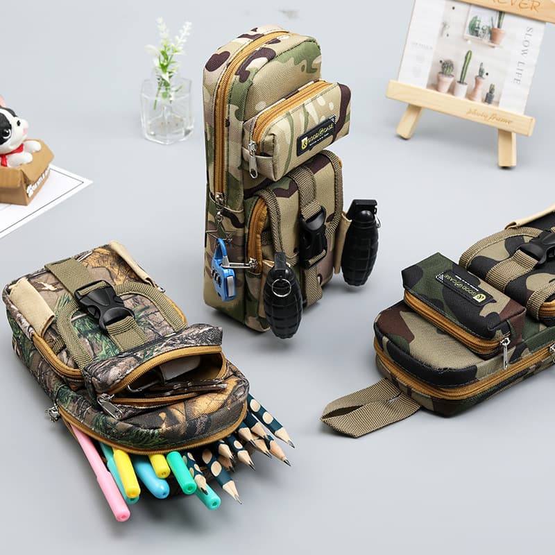 Lezhirui Camouflage Zipper Pencil Case Boys Multilayer Chicken Eating Oxford Material Pencil Box School Supplies 21cm*9cm*6cm