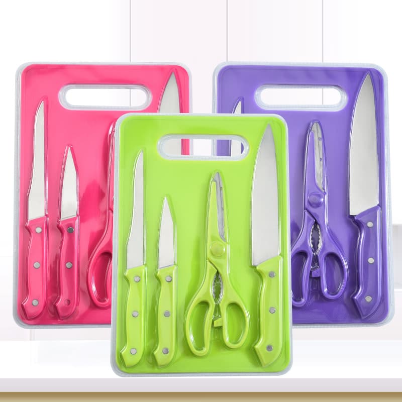 Household stainless steel fruit knife set, five-piece kitchen knife set, scissors, melon peeler, colorful knife set, Yangjiang knives in stock.