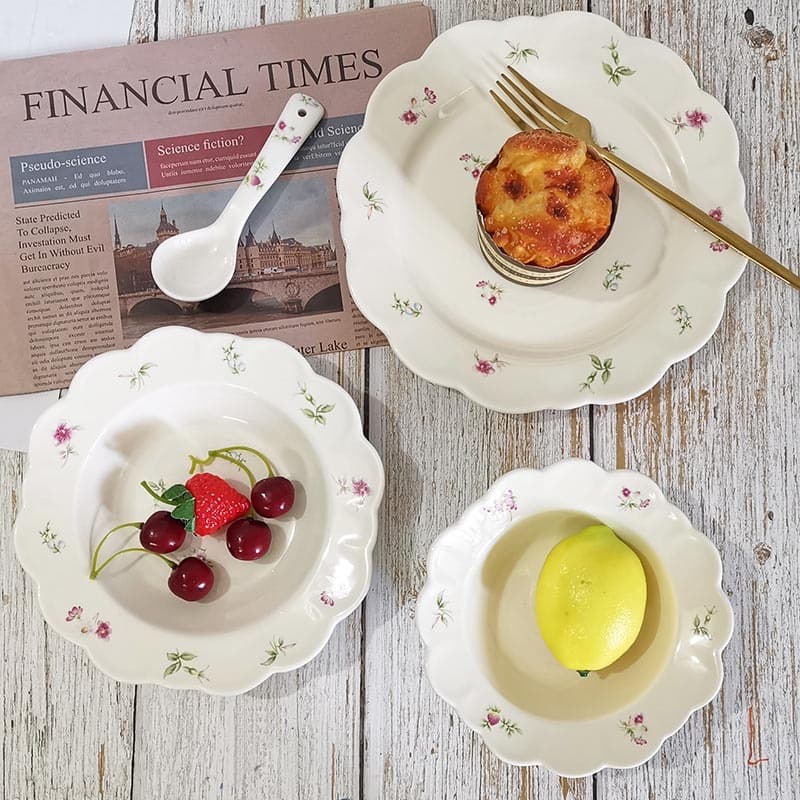 New Retro Floral Ceramic Plate Home Use Trendy Dessert Plate Ceramic Fruit Salad Bowl Dinnerware Set