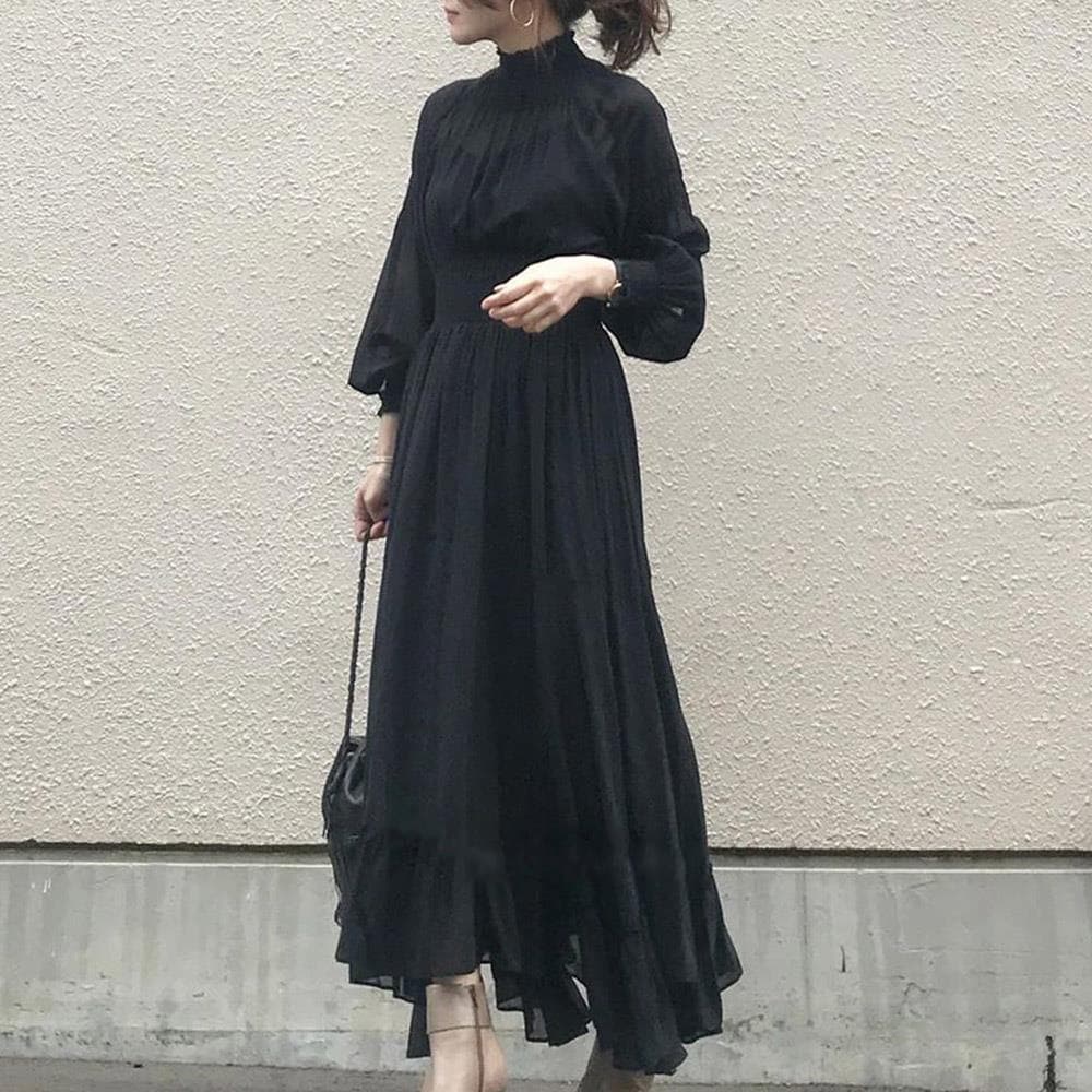 In Stock Korean 2026 Fall New Style Elegant High Neck Ruffled Pleated Long Dress Slim Mature Long Sleeve
