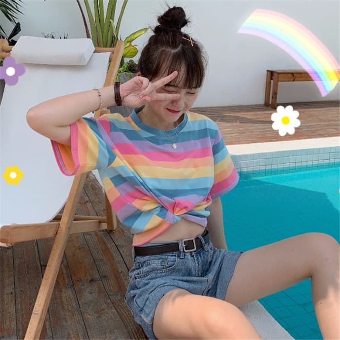 Rainbow Striped T-Shirt for Women, Short-Sleeved, Trendy Ins Style, 2025 Summer New Korean Version, Loose and Versatile, Short Student Top, Trendy
