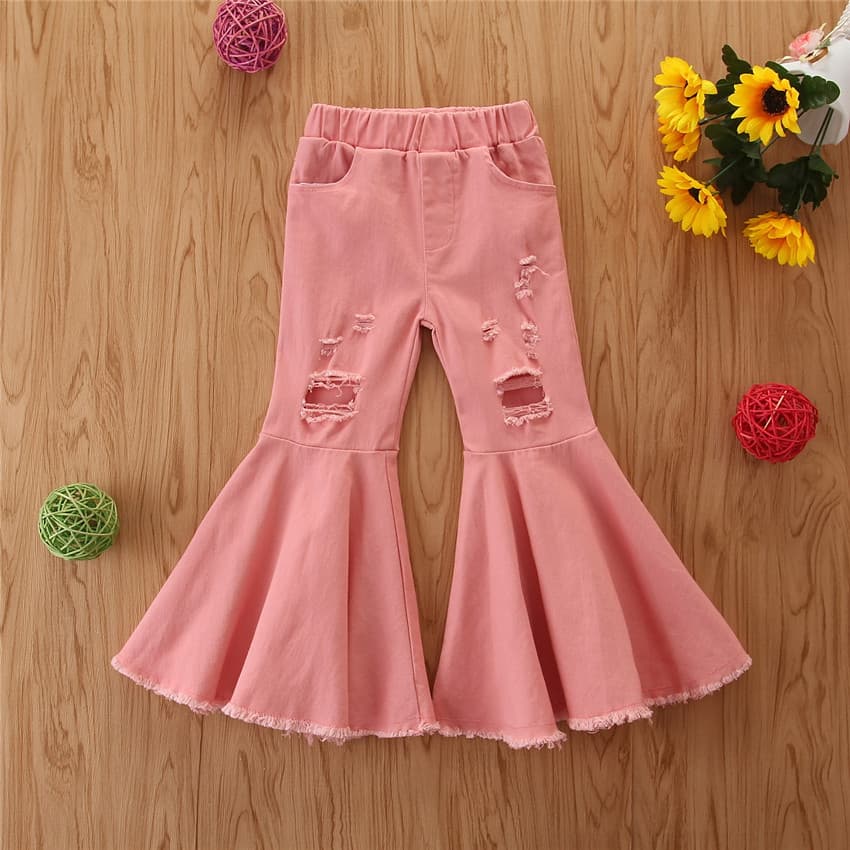 Samgamibaby Cross-Border Children's Clothing Kids' Jeans Personalized Fashionable Girls Pink Ripped Flared Pants