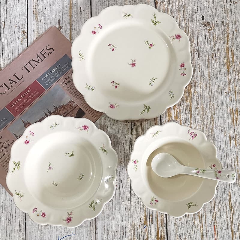 New Retro Floral Ceramic Plate Home Use Trendy Dessert Plate Ceramic Fruit Salad Bowl Tableware Set