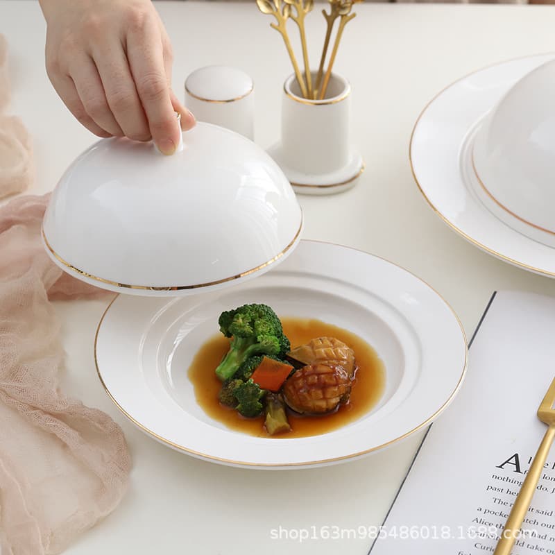 Golden Rim Hotel Western Restaurant Ceramic Plate with Lid for Steak, Shark Fin, Sea Cucumber, Abalone Rice Bowl, White Porcelain