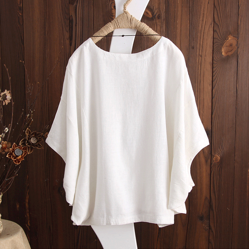 eBay Cotton Linen Short Sleeve T-Shirt for Women, Loose Fit Batwing Sleeve, Solid Color, Round Neck, Pullover, Commuter Style, Pure Cotton