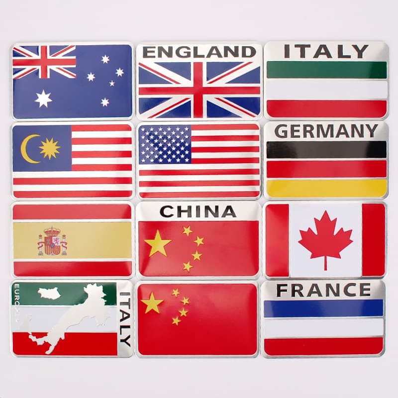 Car Decal Sticker Set - China, Germany, UK, Italy Flag Emblem 3D Metal Aluminum Body Sticker