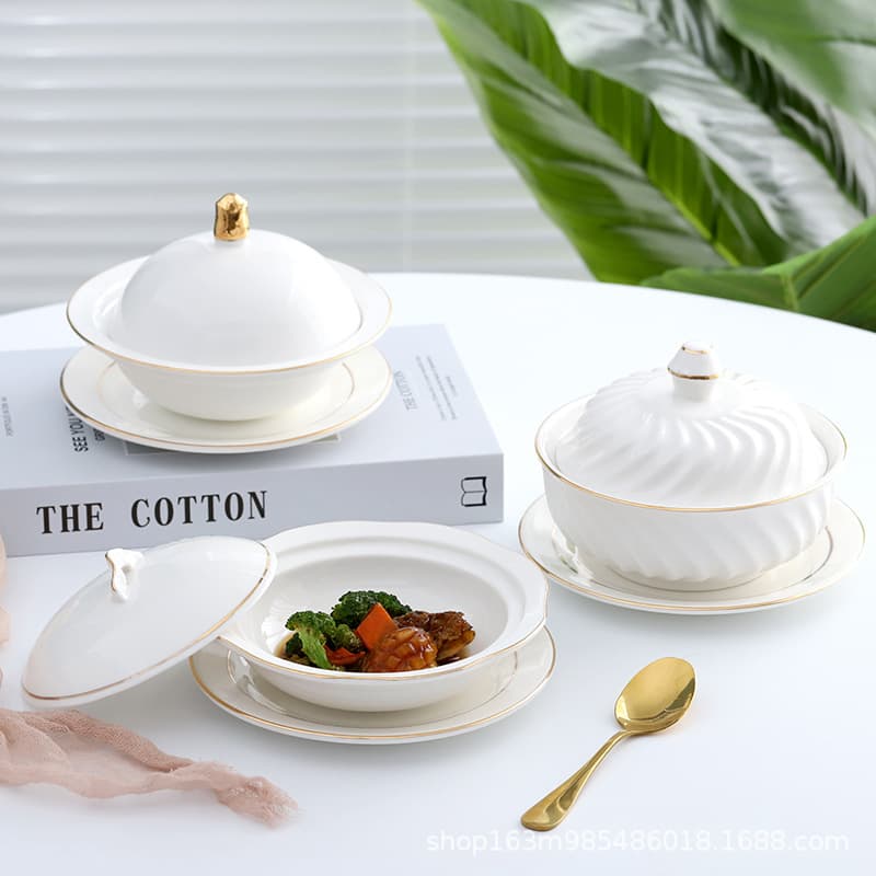 Soup Tureen Gold Trim, Club Tableware, Bird's Nest Bowl, Double-Boiled Pot, Stewing Jar, Dessert Pot, Steamed Egg Pot, Small Bowl, Ceramic White Porcelain
