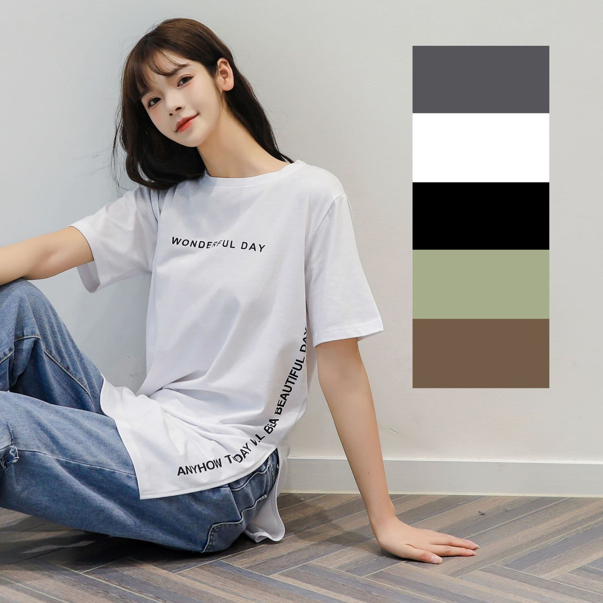 Spring Summer Women's Loose Fit Mid-Length Short Sleeve T-Shirt Casual Pure Color Print Base Shirt Outdoor Wear Versatile Letter Print