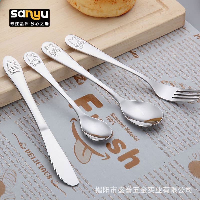 Stainless steel tableware children's tableware cartoon bear knife fork spoon tea spoon tableware 4-piece set kindergarten gift set