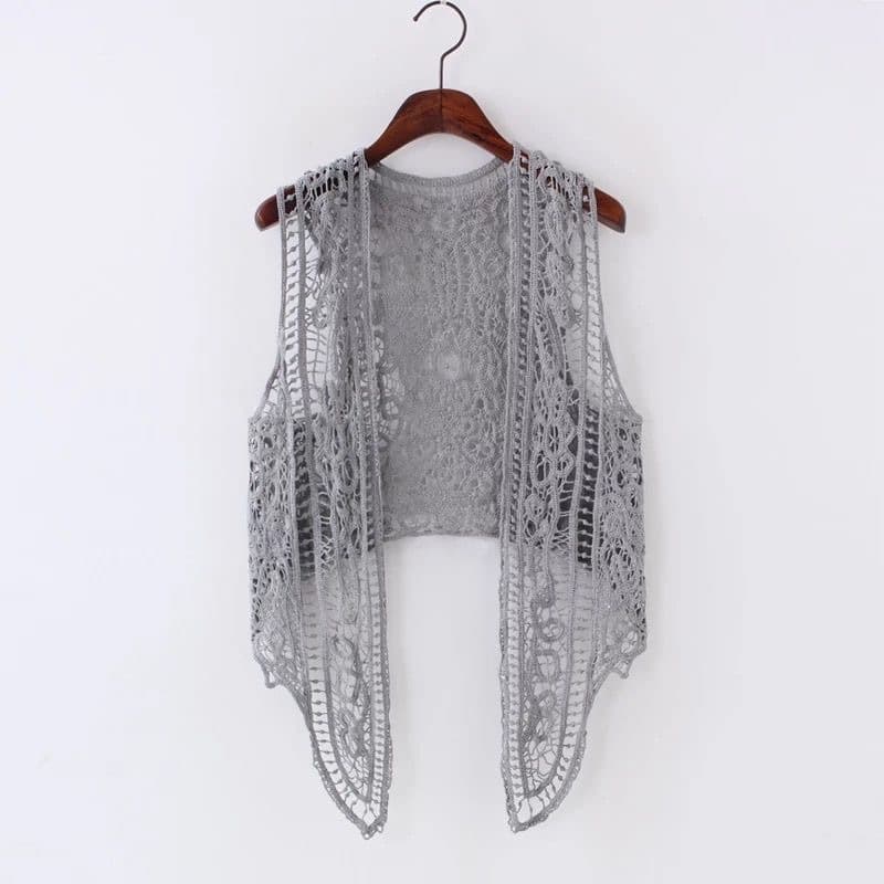 Lace Crochet Vest for Women Summer Black Short Sleeveless Knit Cardigan Outerwear Thin Vest