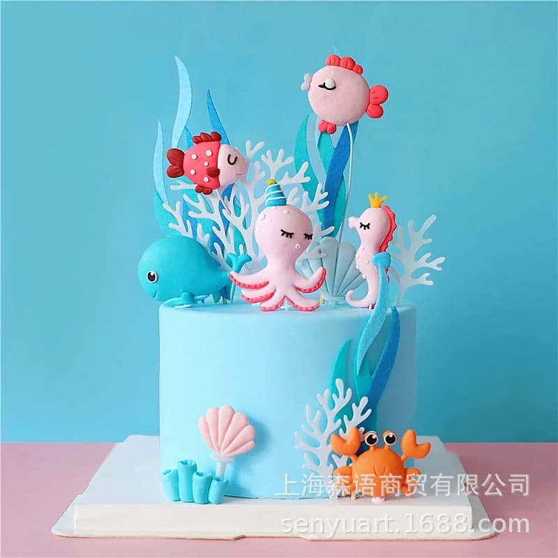 Baking Cake Decoration Ocean Series Octopus Seahorse Crab Whale Soft Pottery Plug-in Dessert Table Dress Up