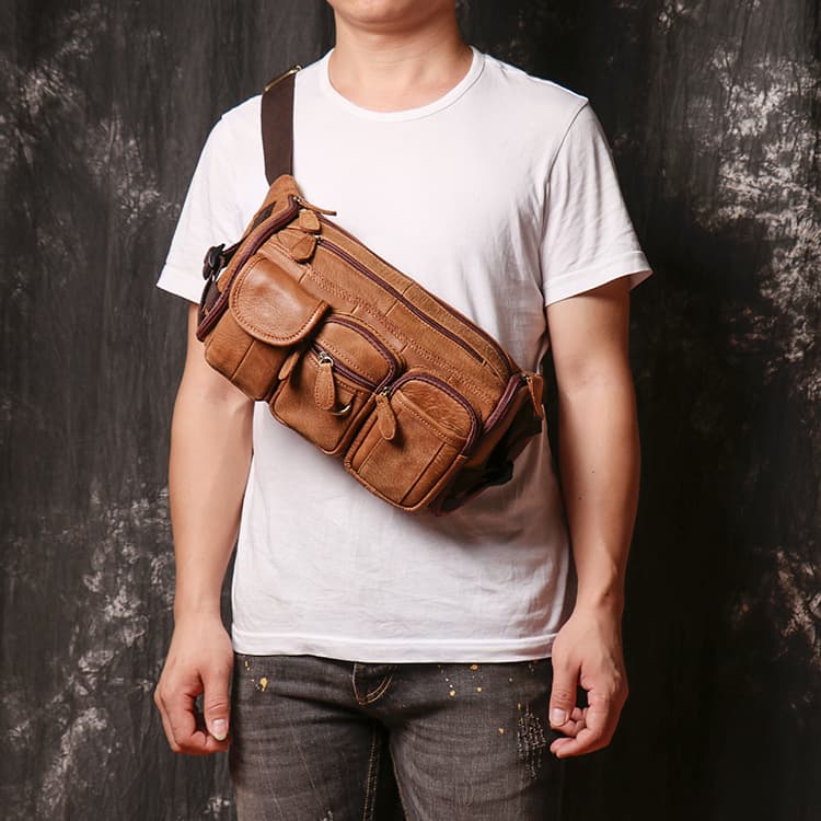 In Stock Wholesale Distressed Men's Waist Bag Frosted Leather Women's Hiking Chest Bag Genuine Leather Single Shoulder Crossbody Bag Top Layer Cowhide
