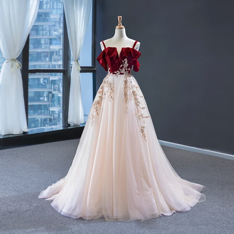 2026 New Banquet Dress for Women, Bridal Wedding Toast, Forest Fairy Style, Double Strap Princess Gown, Wine Red
