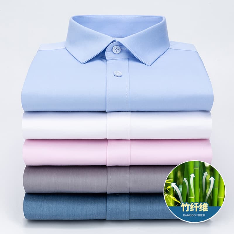 2026 new men's long-sleeved shirt men's bamboo fiber elastic solid color daily wedding no-iron breathable shirt for men