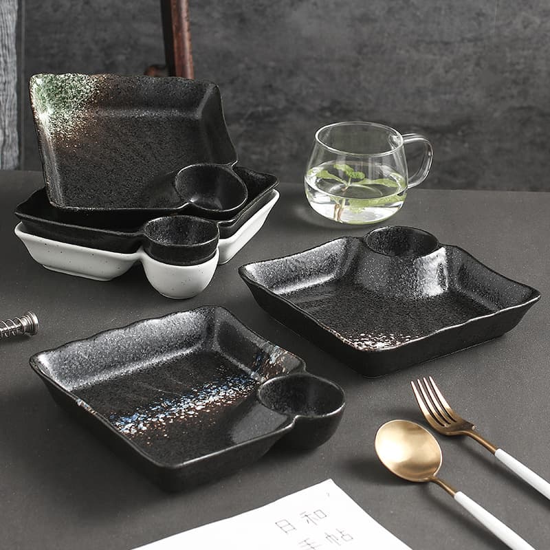 Ceramic Japanese-style Dumpling Plate with Vinegar Dish Household Split Dinner Plate Loving Heart Creative Plate Square Dumpling Plate Creative Plate