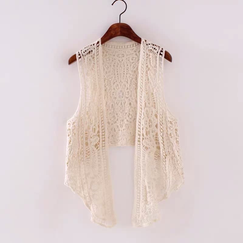 Women's Summer Thin Short Knitted Cardigan with Hollow Small Waistoutwear Jacket Sleeveless Women's Lace Vest