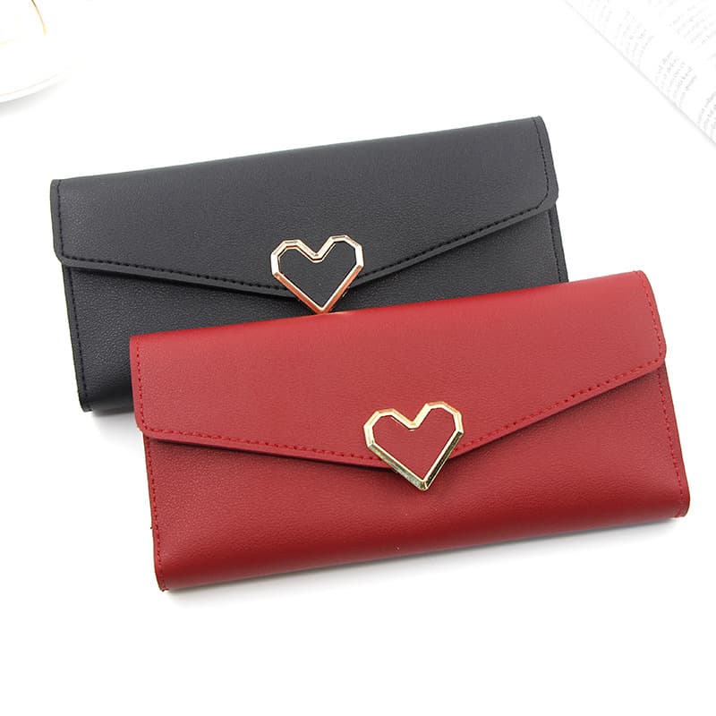 2024 New Plain Weave Heart-Shaped Wallet Women Long Multi-Card Slot Buckle Phone Wallet Women Long Wallet