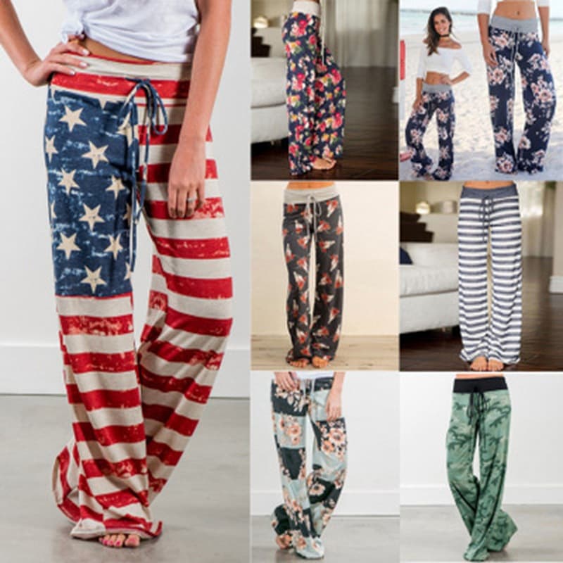 Printed Straight Wide-Leg Pants Amazon Cross-Border Print Pants Plus Size Casual Drawstring Loose Pants