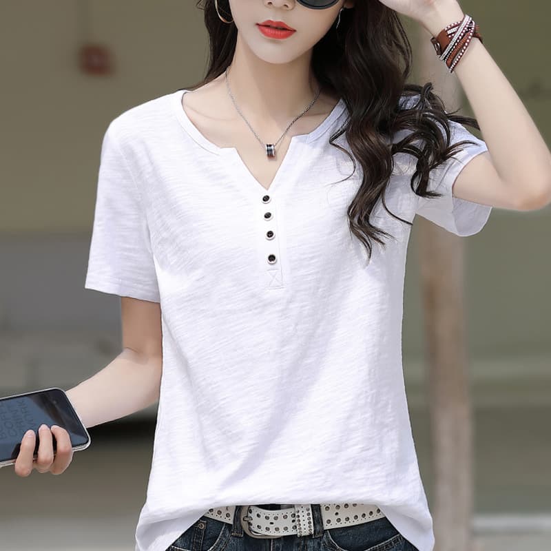 Bamboo Cotton Pure Cotton V-Neck Short-Sleeve Loose Fit Plus Size Women's Half-Sleeve Top T-Shirt 2026 New Style