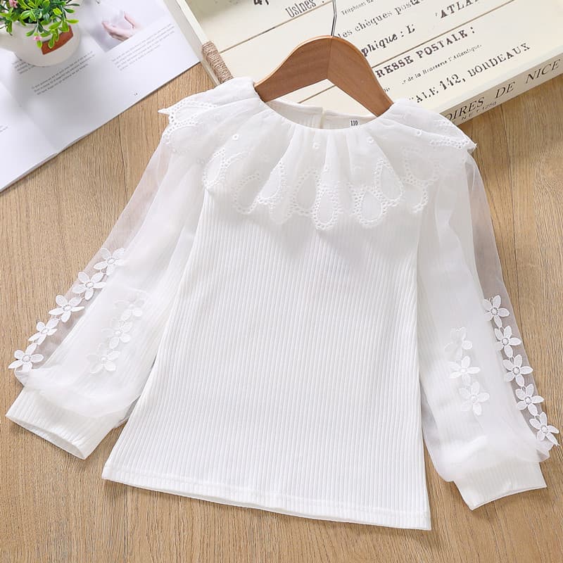 Girls Long Sleeve Lace Striped Base Shirt Children's Princess Lantern Sleeve Top Trendy T-Shirt Soft Cotton Korean Style for Kids