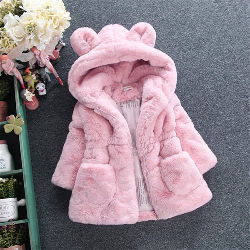 Export Girls' Autumn/Winter Cotton Coat, Toddler/Kids Bunny Ears Fuzzy Sweater, Faux Fur Thickened Winter Jacket