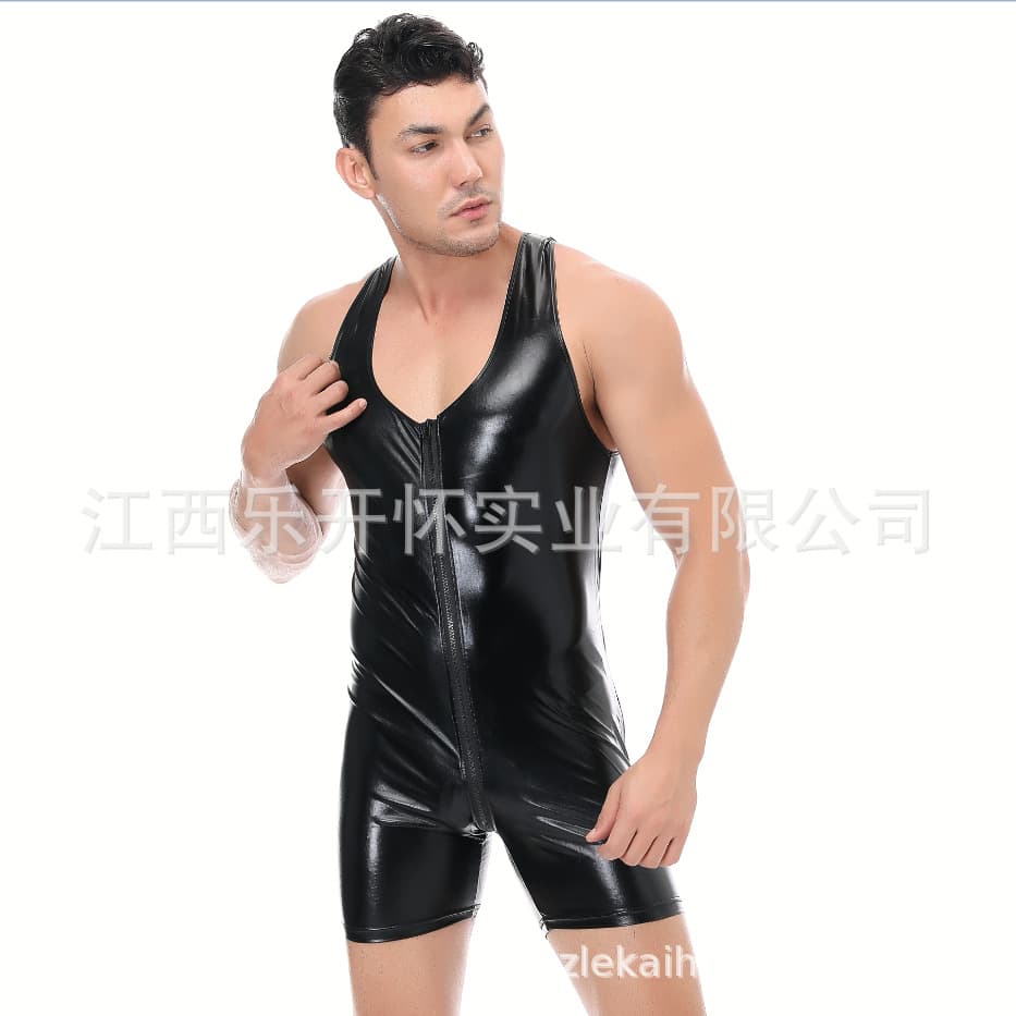 Sexy Men's Bodysuit Glossy Patent Leather Bodysuit Open Crotch Nightclub Stage Performance Costume N973