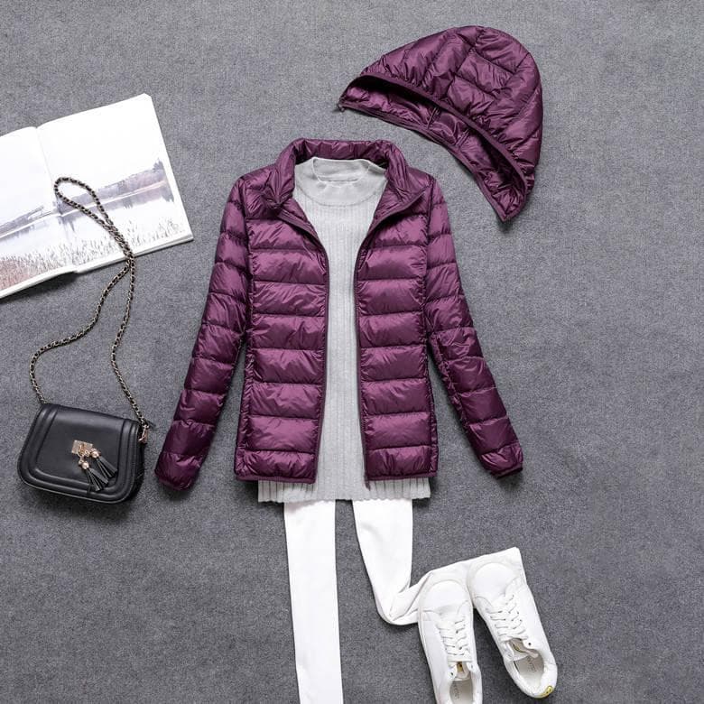 2021 Autumn/Winter New Arrival Women's Lightweight Down Jacket with Detachable Hood, Zip-Up Short Ultra-Light Coat