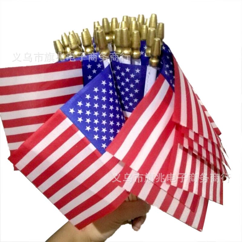 American flag, pointed wooden pole, double-sided printed polyester high-grade wooden hand-cranked flag, factory direct sales.