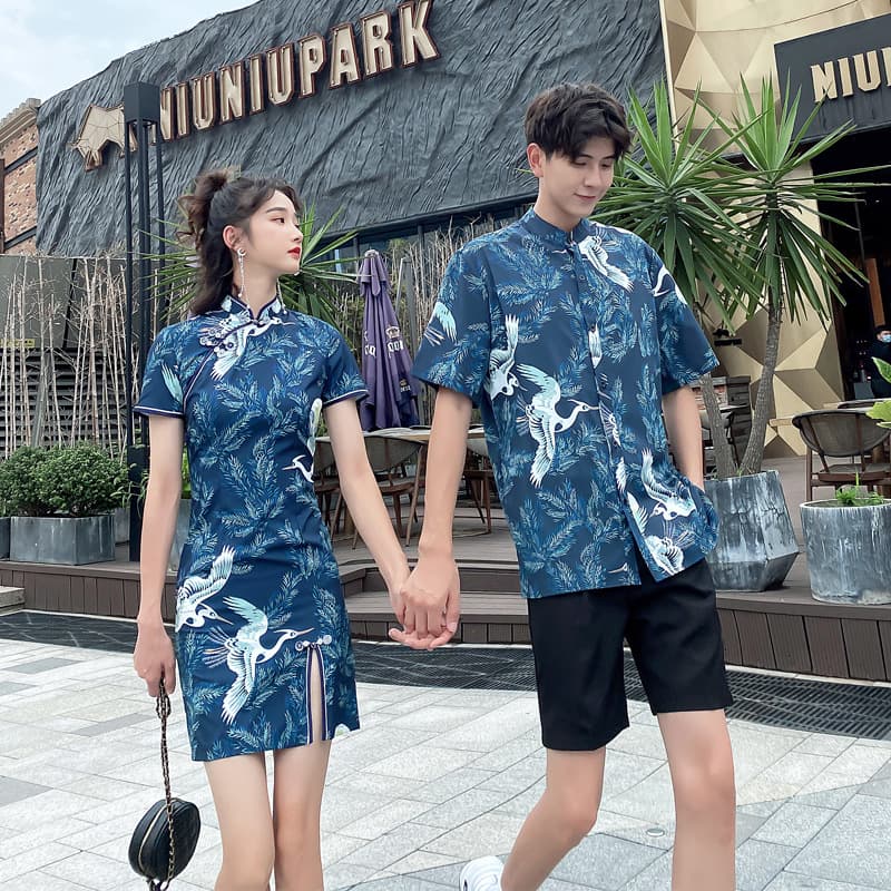 Cheongsam Couple Outfit Summer Shirt Men's Set, Popular Chinese Style Crane Flower Short Sleeve Shirt Slit Dress