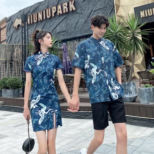 Cheongsam Couple Outfit Summer Shirt Men's Set, Popular Chinese Style Crane Flower Short Sleeve Shirt Slit Dress