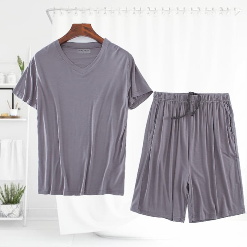 Summer Modal Men's Short Sleeve Shorts Set Casual Lightweight Sleepwear Home Comfortable Breathable V-neck Elastic Home Suit