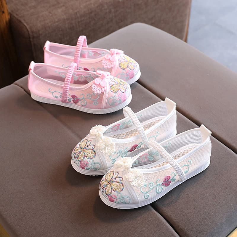Children's breathable mesh shoes, Chinese style girls' embroidered shoes, ethnic style old Beijing Hanfu cloth shoes, summer sandals