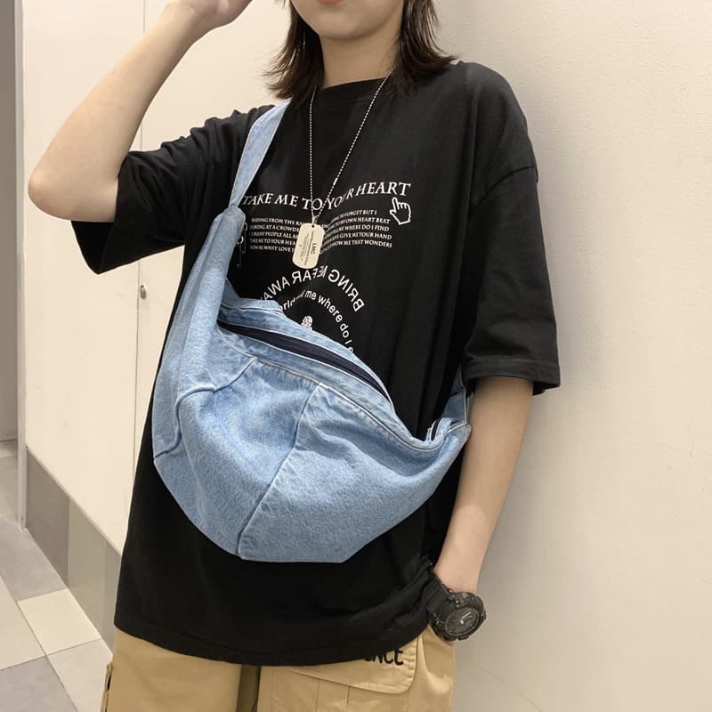 2024 New Style Hong Kong Street Trendy Girl's Denim Crossbody Bag Capacity Chest Bag Korean Version Ins Student Shoulder Bag