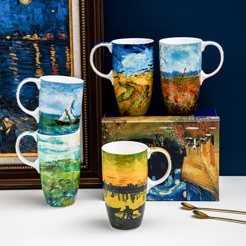 Van Gogh Oil Painting Large Capacity Bone China Mug with Lid and Spoon, Couple Ceramic Mug
