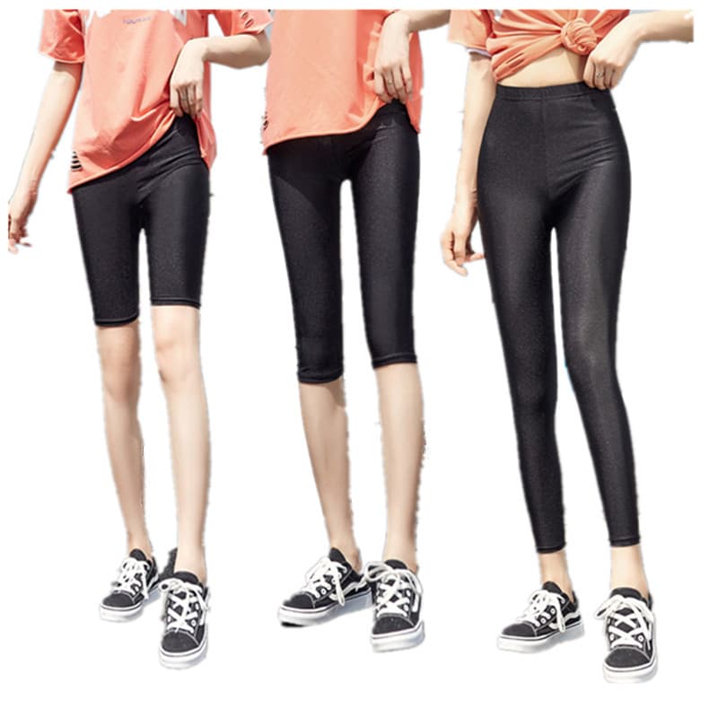 Lightweight Summer Shiny Pants for Women Plus Size 9/10 Length Leggings Stretchy Ice Silk 7/5 Length Safety Shorts Black