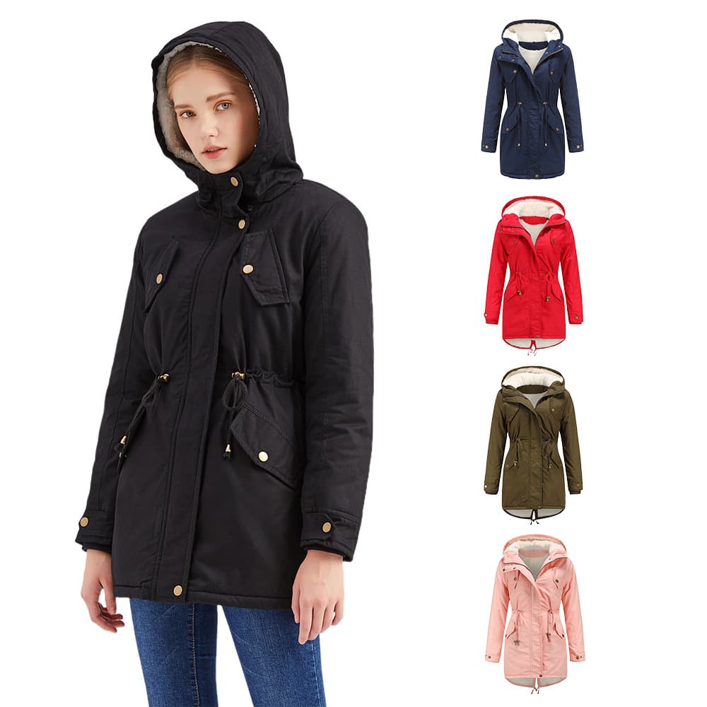 2024 Autumn/Winter New European Size Women's Export Cotton Coat, Solid Color Hooded Parka Thick Cotton Jacket with Fleece Lining