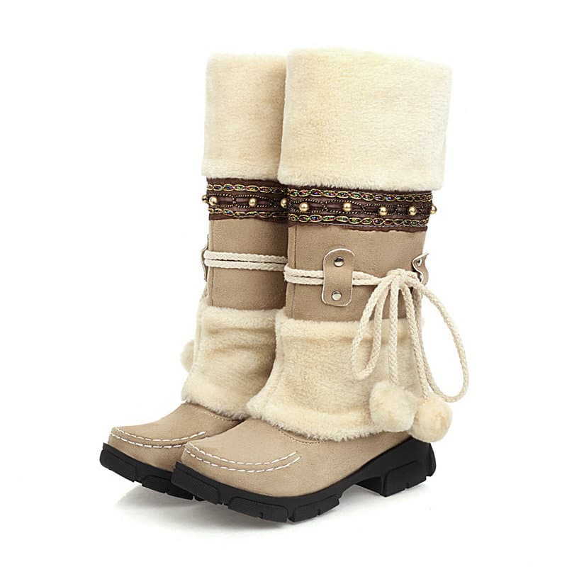 Autumn/Winter Mid-Calf Cotton Wool Snow Boots for Big Kids Students Warm Stylish Ethnic Knight Boots